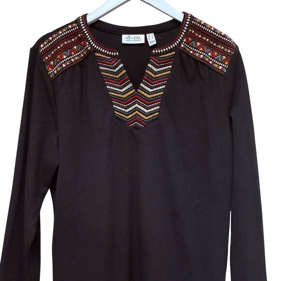 Denim & Co. Embroidered Waffle Knit Top Medium Black Long Sleeve Tee Womens Boho - Picture 3 of 9